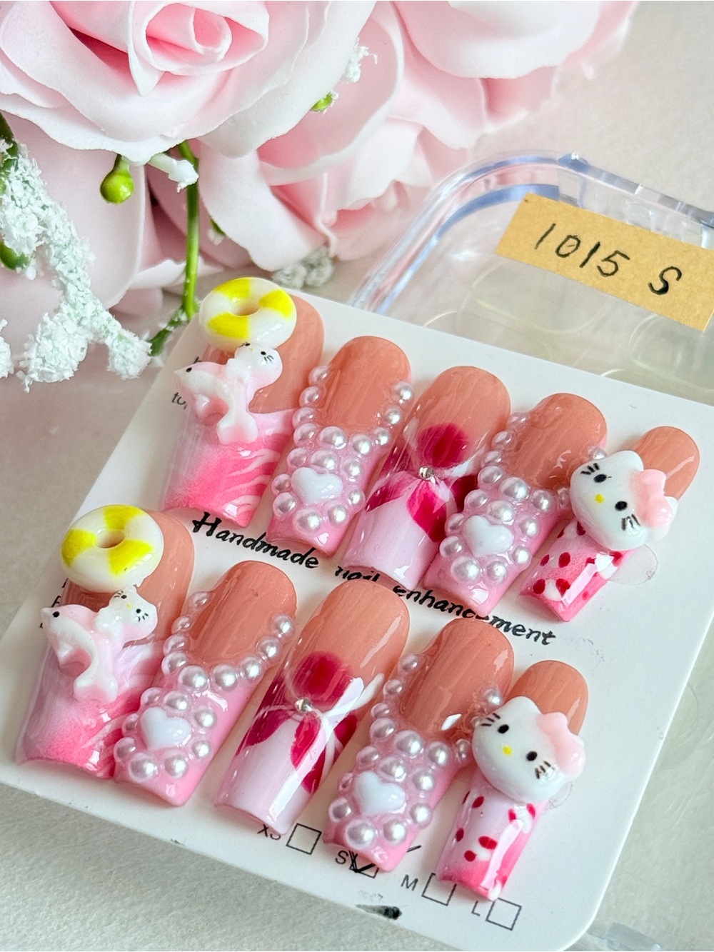 Handmade Pink Pearl & Kitty Press-On Nails
